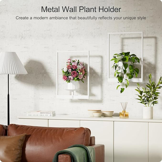 White Metal Wall Plant Holder - 2-Pack Wall Mounted Plant Stands and Hanging Holders for Indoor Planter and Flower Pot -Rectangle Decor Shelf for Plant Storage (Pot Not Included)