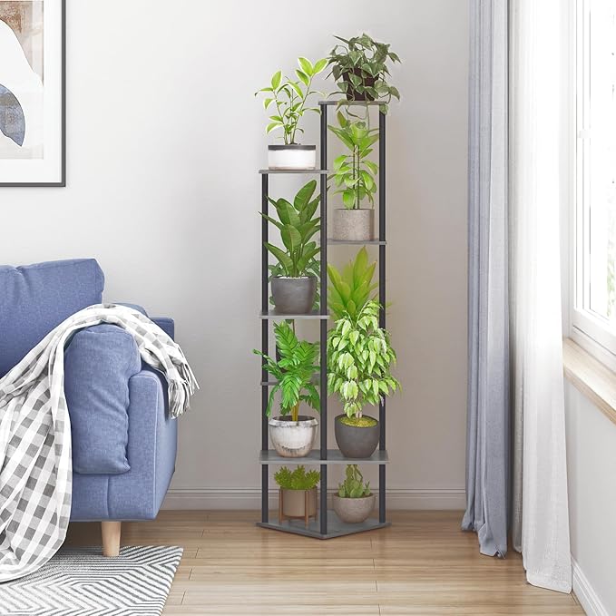 Tall Plant Stand Indoor, 7-Tier Modern Plant Shelf for Multiple Plants, Wood Metal Flower Holder for Living Room Balcony Bedroom, Oak Grey