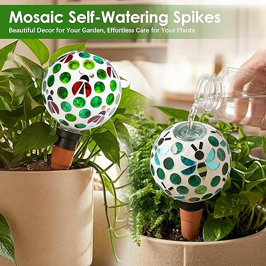 Terracotta Plant Watering Globes Mosaic Self Watering Spikes 2 Pack for Indoor Outdoor Plants Automatic Plant Waterer Plant Watering Devices for Garden Home Decor