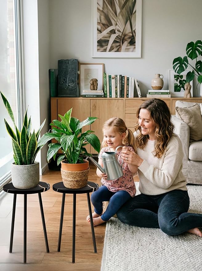 Plant Stand Indoor 2 Pack: Corner Wood 20 Inch Plant Stand Mid Century Modern Decor - Small Round Plant Table for Indoor Plants - Plant Holder for Patio Living Room Bathroom Office (Black Marble)