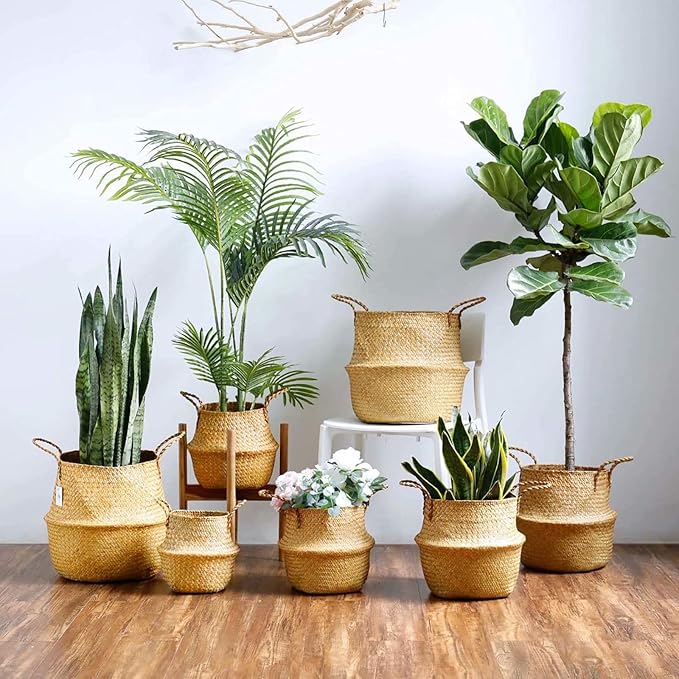 Seagrass Plant Basket Set of 3 Handmade Woven Belly Basket with Handles 3 Different Size Home Decor Storage Basket Large Storage Laundry Picnic Plant Pot Cover Pot Woven Straw Basket(S+M+L,Original)