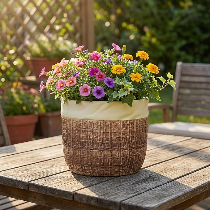 Ceramic Pots for Plants - 8 Inch Plant Pot Indoor with Drainage Hole, Round Planters for Indoor Outdoor Plants and Flowers, Decorative Boho Flower Pots, Room Decor, Housewarming Gifts, Brown