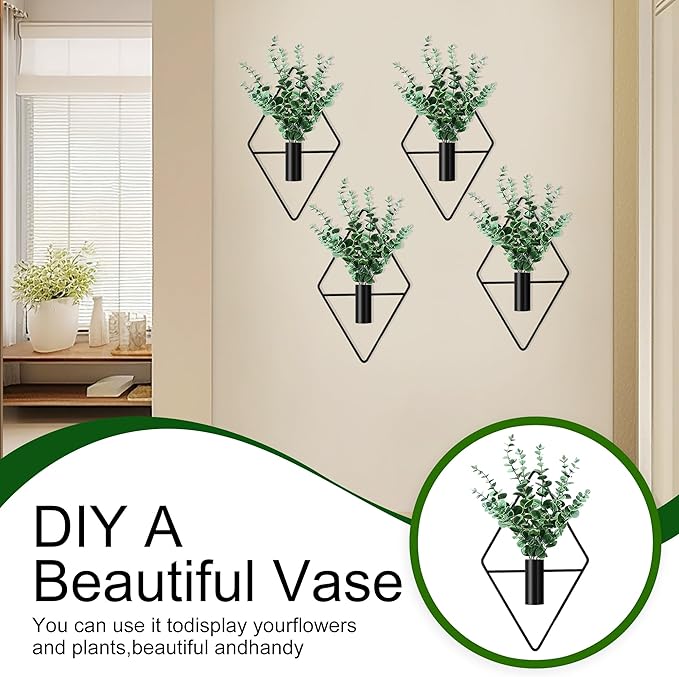 2 Pack Black Wall Decor Hanging Planters with Artificial Plants Metal Hanging Vase Indoor Plants Holder Modern Boho Wall Art for Bathroom Bedroom Living Room Office (Black, Eucalyptus)
