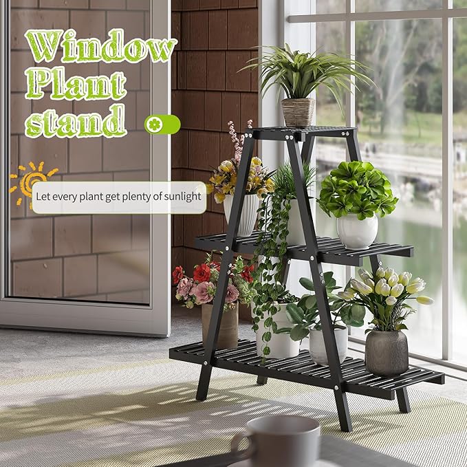 BMOSU Plant Stand Bamboo for Indoor Outdoor Tiered Plant Shelf 8 Potted Flower Holder Ladder Rack Garden Balcony Living Room Patio(3 Tier Black)