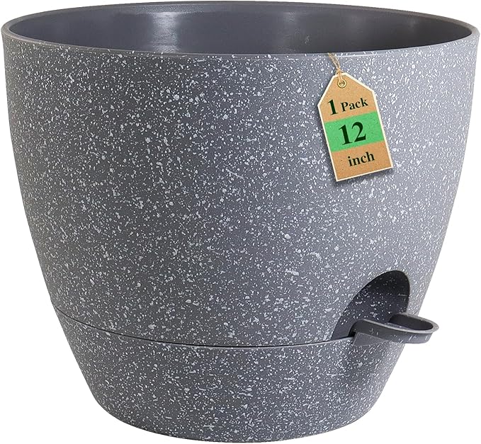 WSMKSZ 12 inch Large Self Watering Pots, Planter, Plant Pots with Mesh Drainage Holes for Indoor Outdoor House Plants and Garden, Plastic Flower Pots with Deep Reservoir, Speckled Grey