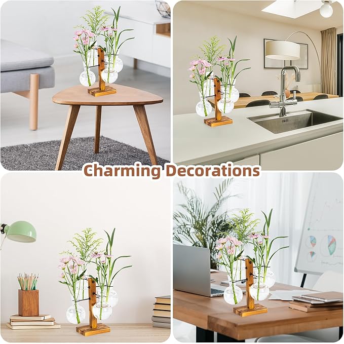 Plant Propagation Station with Acacia Wood Stand and 4 Glass Vases, Stylish Propagation Vases for Plants, Home & Garden Décor – Ideal Gift for Plant Lovers & Gardening Enthusiasts