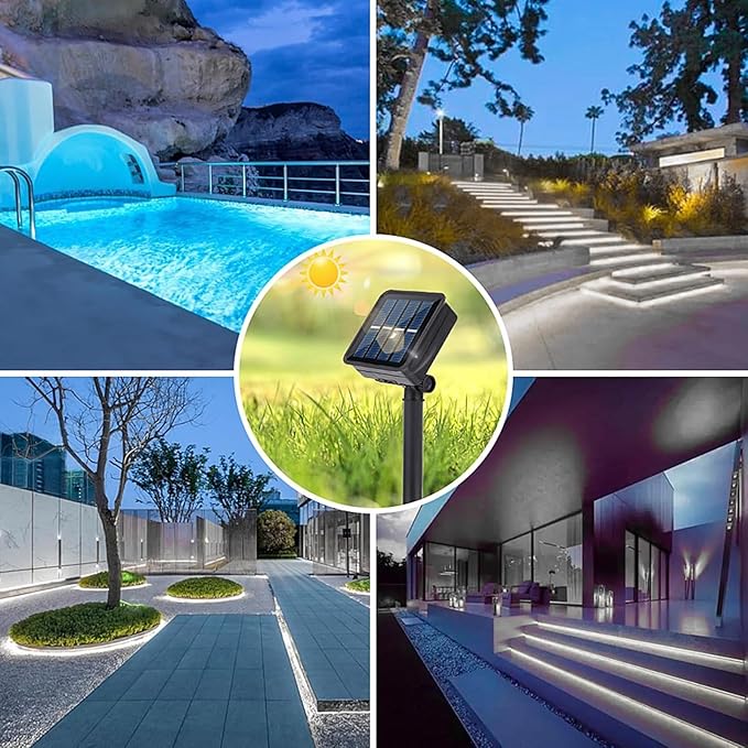 Solar LED Strip Lights Outdoor Waterproof 19.6FT 180 LED Solar Powered Rope Light Cuttable 8 Modes for Outside, Garden, Patio, Deck, Fence, Pathway, Stair, Poolside, 6000K White 2 Pack