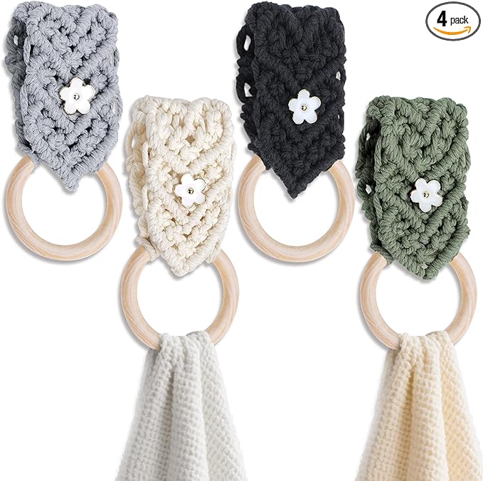 BROWNLILY 4 Pcs Handmade Crochet Towel Holder with Unique Flower Button for Bathroom, Hanging Towel Rack for Kitchen, Macrame Towel Hanger Over The Cabinet Oven Stove Door - Single Ring