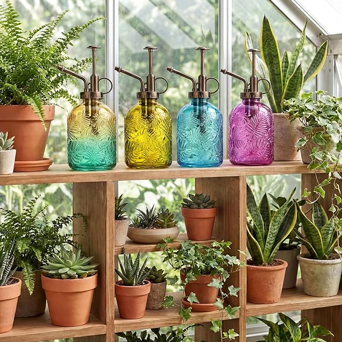 Sliner 6 Pack Glass Plant Mister Spray Bottles 7.7" Tall Glass Water Spray Bottle 12.2 oz Hand Pump Sprayer Fine Mist Watering Can with One Hand Top Pump for Indoor & Outdoor Houseplants (Bronze)
