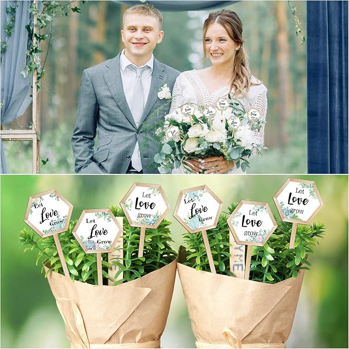 48 Pcs Let Love Grow Succulent Tags Wedding Favors Hexagon Wooden Plant Stakes Label Garden Marker Plant Sign for Wedding Gift Thanksgiving Baby Shower Seed Potted Flower Garden (Love Style)