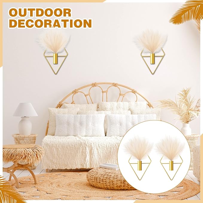 Jexine 2 Pcs Boho Wall Decor Gold Hanging Planters with Artificial Plants Wall Art Mounted Metal Home Decor Display Bedroom Bathroom Living Room(Pampas)