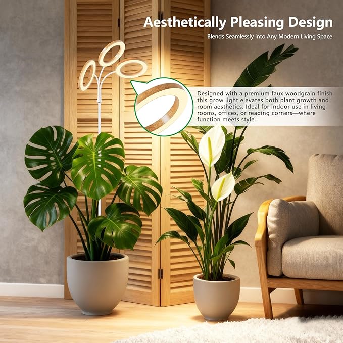 SDOVUERC Full Spectrum Grow Light with Stand for Indoor Plants, Floor Plant Light, 6/12/18H Timer, 3 Color Modes, Adjustable Height 16.5–68in, for Large Plants & Home Décor(Tri-Head,Faux Wood Grain)