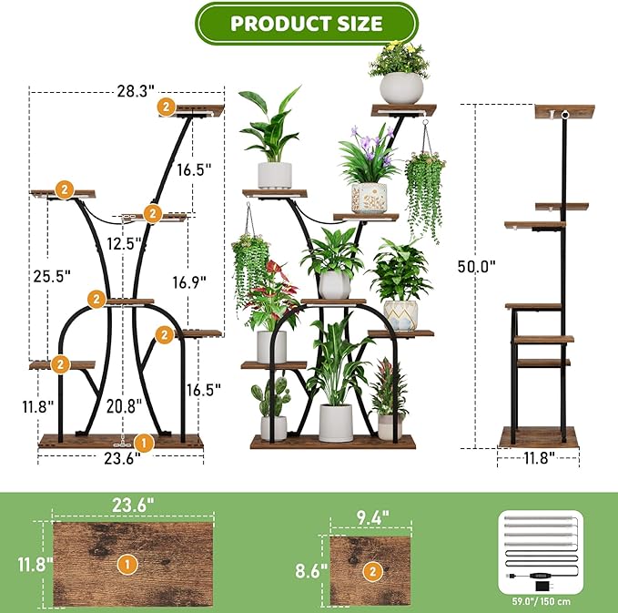 Plant Stand Indoor with Grow Lights, 7 Tiered Plant Shelf Indoor, 50'' Corner Plant Stands for Indoor Plants, Metal Plant Display Shelves Lighted Flower Holder, Plant Rack for Living Room, Black