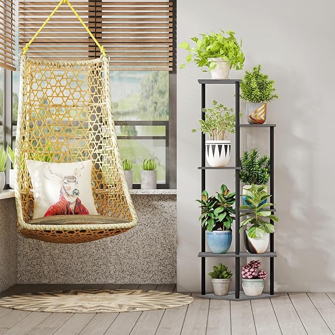 Tall Plant Stand Indoor, 6-Tier Modern Plant Shelf for Multiple Plants, Wood Metal Flower Holder for Living Room Balcony Bedroom, Oak Grey