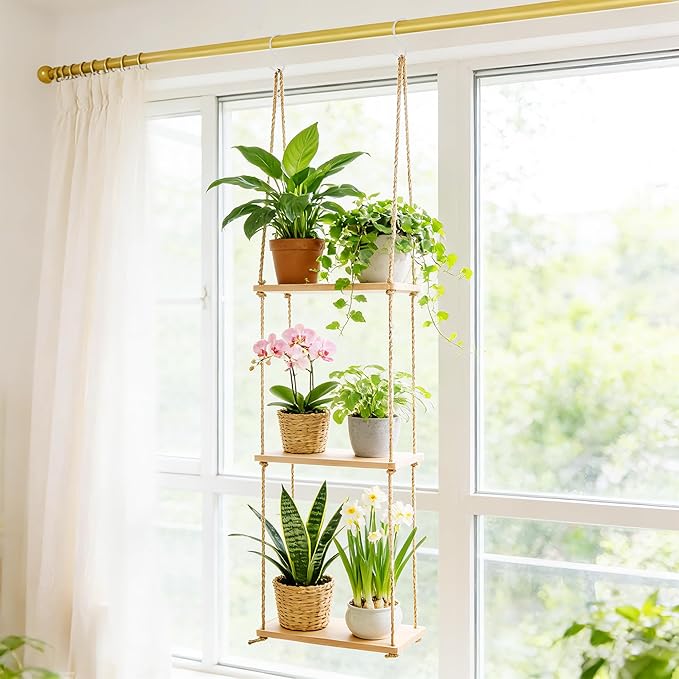 3 Tier Window Plant Shelves, Hanging Wood Floating Shelves for Living Room Bedroom Small Windows, Space-Saving Window Sill Shelf Indoor for Succulents, Herbs