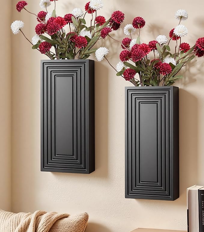Wooden Wall Planter Vase,2 Pack Hanging Planter for Indoor Fake Plants Modern Boho Farmhouse Wall Art Decor for Home Indoor Kitchen Modern Farmhouse Bathroom Living Room Dining Room(Black)