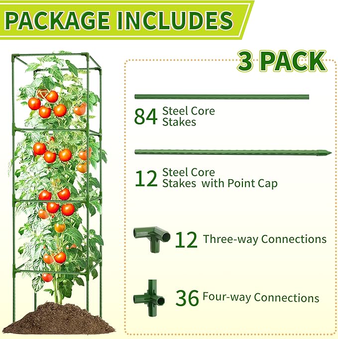 3 Pack Square Tomato Cages for Garden - 56 Inch Heavy Duty Tomato Plant Support Stakes, Sturdy Metal Core with Rust-Resistant Coating, Tomato Trellis for Raised Beds