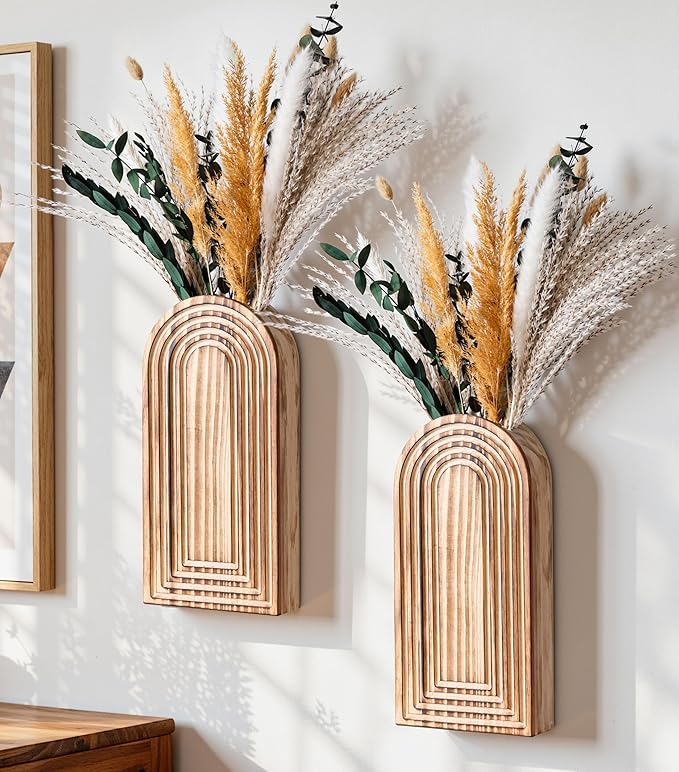 DREAMLOOM 2 Pack Wooden Wall Vases with Dried Pampas Grass and Eucalyptus Plants, Wall Hanging Planters Boho Modern Farmhouse Indoor for Narrow Spaces Entryway Bathroom Home Office Decoration, Brown