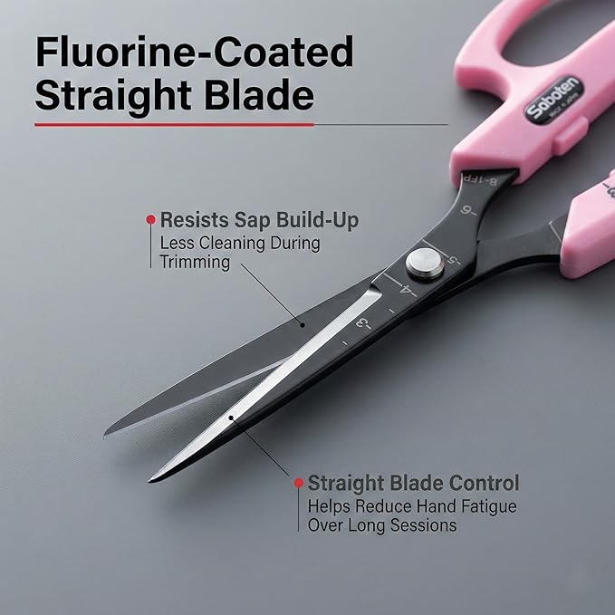 Saboten Fluorine Coated Straight Blade Trimming Scissors Pink PT-1 160mm Precision Gardening Bonsai and Floral Shears Made in Japan