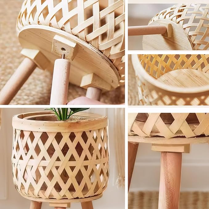 Boho Rattan Plant Stand Set of 2 – Handwoven Tall Elevated Wicker Plant Baskets for Indoor Plants, Mid-Century Modern Wooden Planter Holder with Tripod Legs, Farmhouse Home Decor