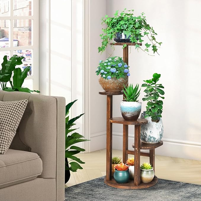 4 Tier Tall Plant Stand Indoor, Wood Corner Plant Shelf for Multiple Plants, Sturdy Oval Tiered Flower Pot Holder Display Rack for Living Room Balcony Patio, Carbonized Pine Wood