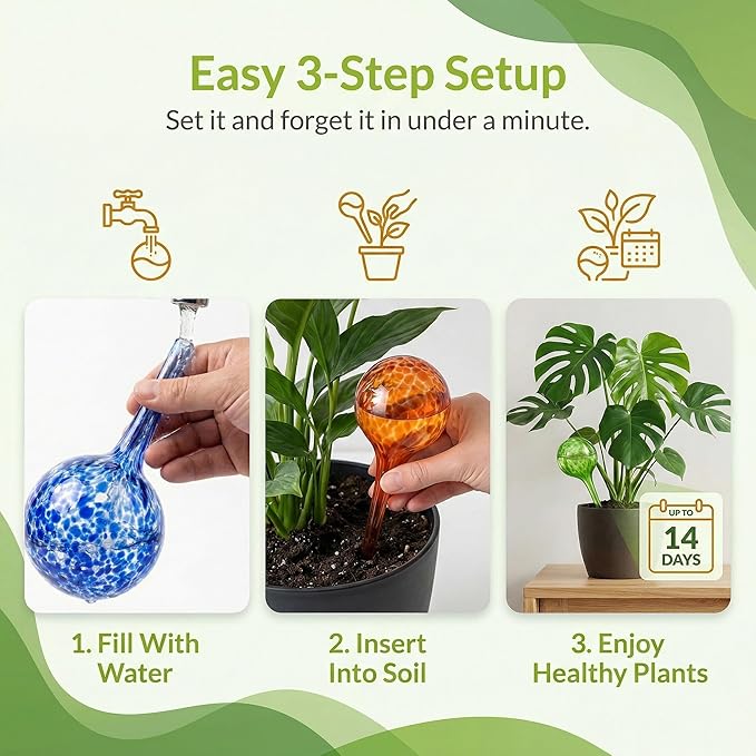 Little Green Leaf Automatic Plant Watering Globes Self Watering Planter Inserts (Set of 6) | Hands Free Multicolor Glass Bulbs | Planter Spikes to Support Indoor & Outdoor Plant Health (100ml)