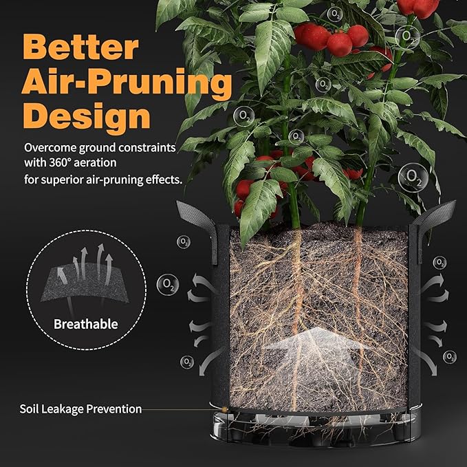 Patigrow Self-Watering Grow Bags, 5-Pack 10 Gallon 420G Thick Nonwoven Fabric Pots with Reinforced Handles and Multi-Purpose Rings, for Low Stress Plant Training Fruits, Vegetables,and Flowers