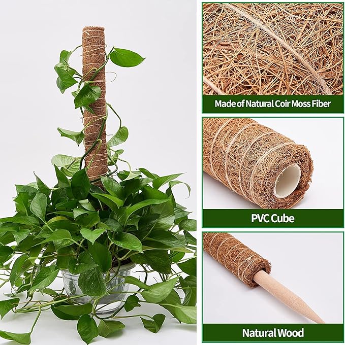 Eibikdi 8 Pcs Moss Pole for Plants Monstera, Plant Support Stakes for Indoor Climbing Plants Grow Upwards, with 65ft Twist Ties, 13ft Jute Rope, 6.5ft Hook-and-Loop Strip