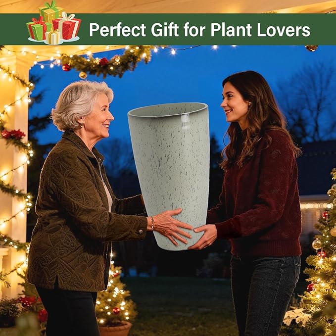 Neoaider Set of 2 Lightweight Ceramic-Look Tall Planter, 21 inch Large Plastic Planter with Drain Hole & Saucers, Large Outdoor Planters for Porch, Garden, Patio, Balcony(Drip Glaze)