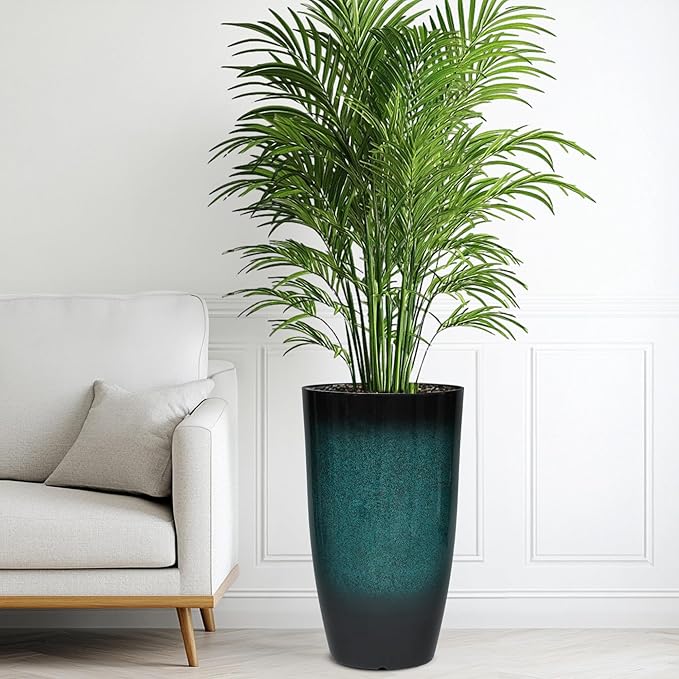 Autodaya 23.8" Tall Outdoor Planters Set of 2, Ceramic-Look Large Flower Pots for Indoor Outdoor Plants, All Seasons for Porch, Balcony, Garden, Patio or Home Art Decor, Gradient Turquoise Finish