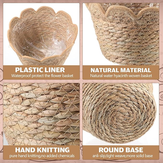AceOrbit 6 Pcs Scalloped Seagrass Plant Basket with Plastic Liners Rattan Woven Plant Basket Wicker Planter for Indoor Outdoor Flower Pots Cover and Rustic Farmhouse Boho Room Decor (Medium)