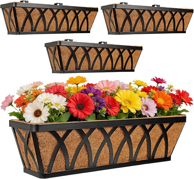 24 Inch Window Box Planter with Coco Liner for Hanging Outdoor Plants, 4 Pack Railing Planter Boxes with Adjustable Brackets for Balcony Deck Porch & Patio Garden Decor, Black