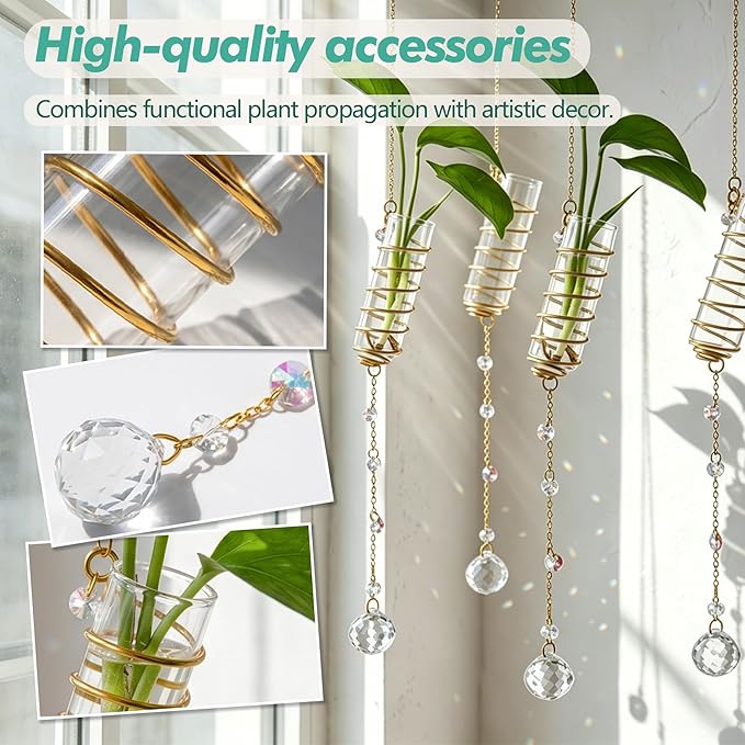 H&D HYALINE & DORA 6 Pcs Hanging Propagation Station with Crystal Ball Prisms Suncatcher and Cleaning Brush, Glass Wall Vases Crystals Prism Hanging Decor for Windows Home Wedding Decoration(Golden)