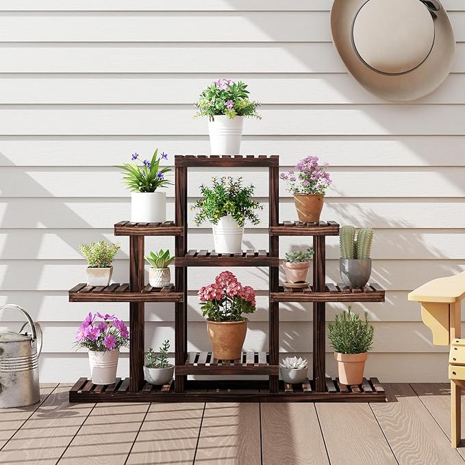 COSTWAY Wood Plant Stand, 6-Tier Shelf Holder for Multiple Plants, Freestanding Plant Rack for Garden, Patio, Balcony