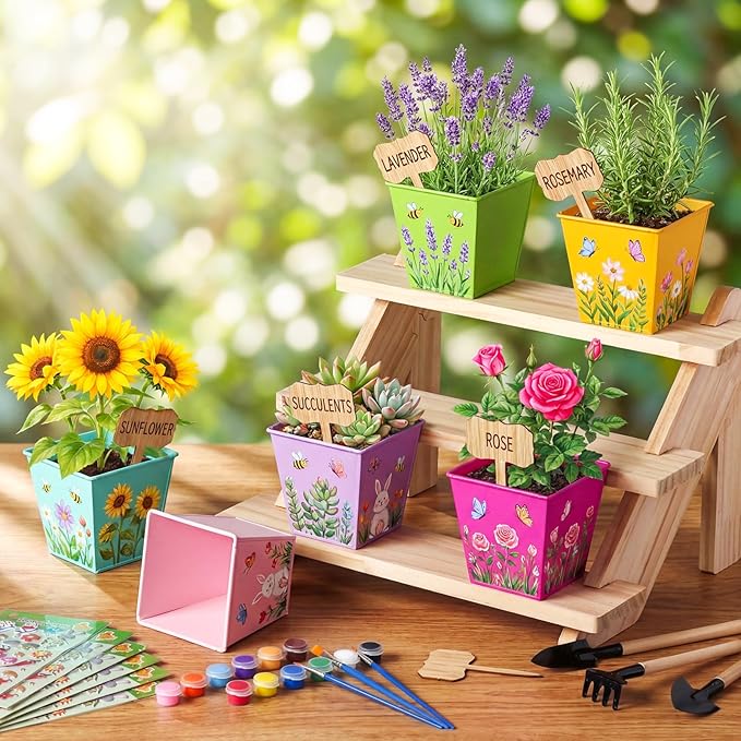 6 Sets Flower Pot Painting Kit DIY 6 Colorful Spring Metal Iron Plant Pots with Acrylic Paint Stickers Brushes Plant Labels Gardening Tool Kit for Planting Crafts Spring Birthday Gift