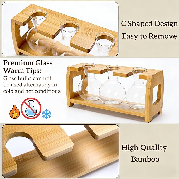 Pumtus 2 Pack Propagation Stations with Bamboo Stand, 8 Bulbs Desktop Water Plant Terrarium Vase, Retro Plant Propagation Jars for Indoor Plants, Glass Planter Gifts for Home Office Table Decor