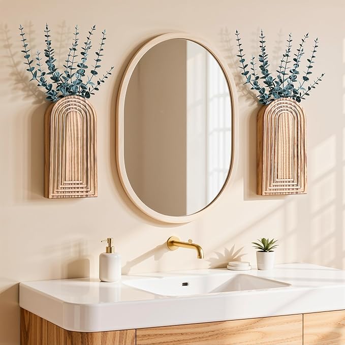 DREAMLOOM 2 Pack Wooden Wall Vases with Eucalyptus Artificial Plants, Wall Hanging Planters Boho Modern Farmhouse Indoor for Narrow Spaces Entryway Bathroom Home Office Decoration, White
