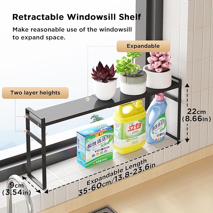 Expandable Narrow Shelf Organizer, Tall Countertop Organizer for Tight Spaces, Windowsill Plant Stand, Over-Sink/Faucet Shelf, Kitchen Counter Storage, Bathroom Vanity, Laundry Room (Black)