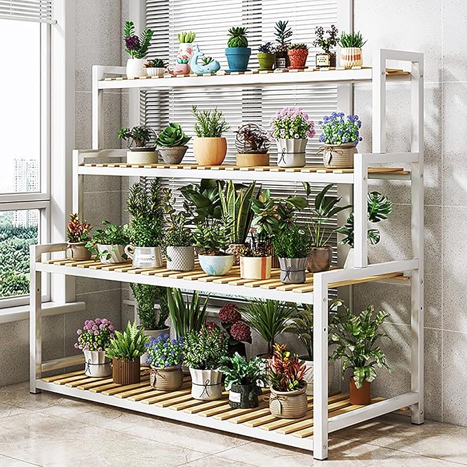 4-Tier Bamboo Plant Stand with Metal Support - Stylish Multi-Layer Flower Display Rack for Indoor Plants, Succulents & Home Décor - Ladder Design for Organizing & Showcasing