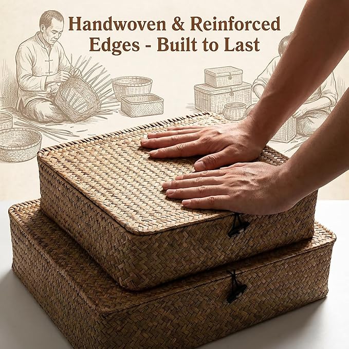 Elsjoy 2 Pack Flat Seagrass Storage Bins with Lid, Wicker Woven Storage Basket Set, Rattan Organizer Bins for Shelf, Closet, Bedroom