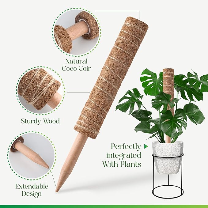 Pisol Moss Pole for Plants Monstera, Extendable Plant Sticks Support, Plant Stakes for Indoor Potted Plant, 15.7'' Coco Coir Pole Plant Trellis for Sphagnum, Pothos and Other Climbing Plants(2 PCS)
