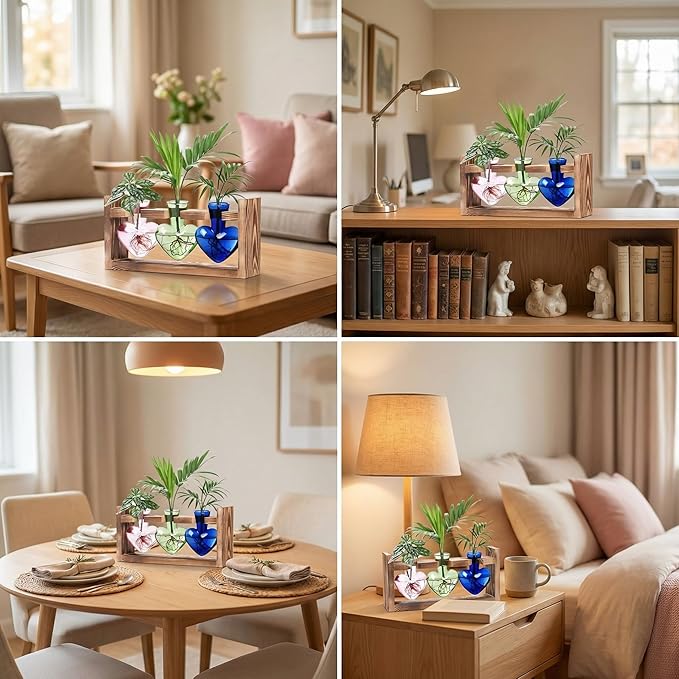 Plant Propagation Station 3Pcs Heart Vase with Wooden Stand Tabletop for Hydroponics Indoor Home Table Decor for Her Plant Lovers Women Mom Wife Daughter (Three Colors)