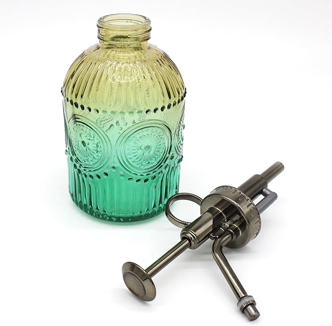 Glass Plant Mister Spray Bottle, 350ML Vintage Plant Spritzer with Top Pump Watering Can for Indoor Outdoor House Plants, Flowers (Gold-Green)