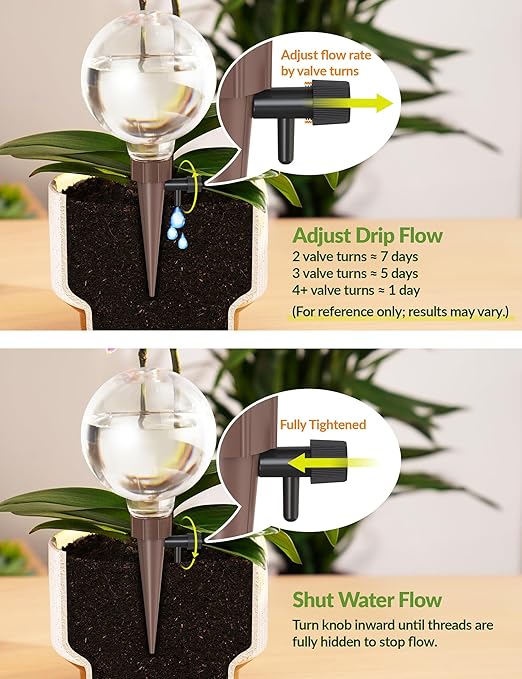 NiHome Plant Self-Watering Globes for Busy Individuals & Travelers, Long-Lasting Moisture Consistent Dripper Spike for Indoor & Outdoor Plants, Adjustable Flow Valve Easy to Refill & Maintain (4-Pack)