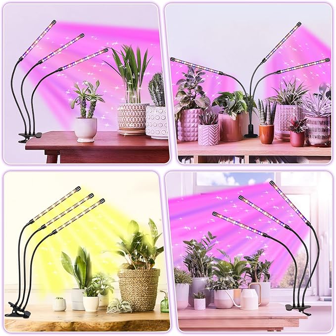 Black 3-Tube Clip-On Grow Light with Red/Blue/Yellow LEDs, Full Spectrum, 6/12/16H Timer, 3 Modes & 10 Dimmable Levels, for Indoor Plants & Seed Starting (1 Pack)