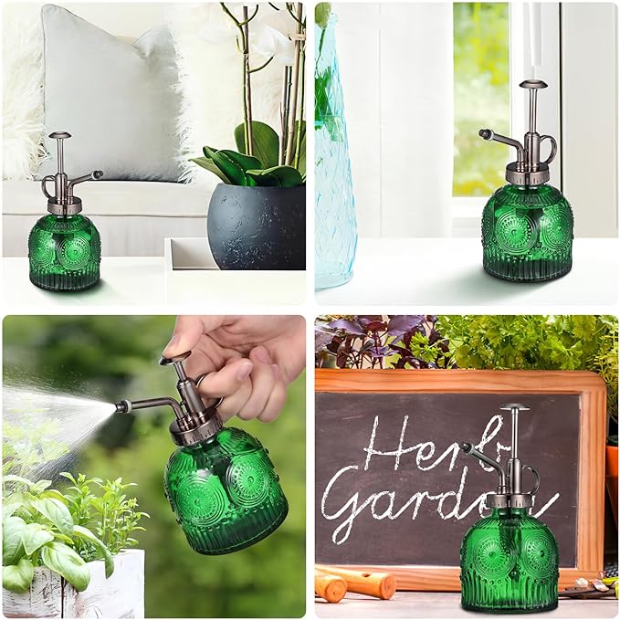 BESPORTBLE Glass Plant Mister Spray Bottle, 6.5 Green Glass Water Spray Bottle with Top Pump, Vintage Plant Watering Can, Small Mister for Outdoor Indoor House, Green