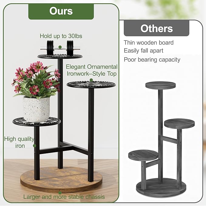 3 Tiered Tall Plant Stand, Tall Metal Wood Shelf Holder for Indoor Outdoor, Tiered Flower Stand for Corner Patio Balcony Porch Garden Living Room House