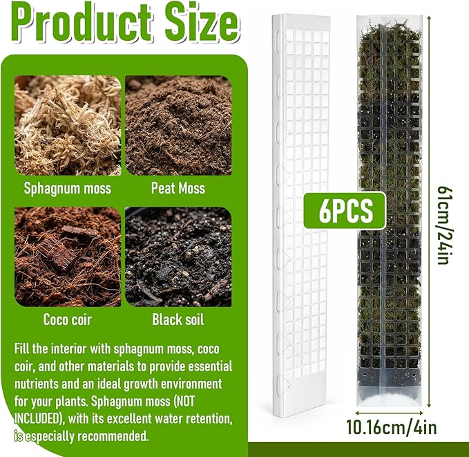 6 Pcs 24 Inch Plastic Moss Pole for Plants Monstera, D Shaped Moss Pole, Plant Poles for Climbing Plants, Plant Support for Indoor Plant Work with Sphagnum
