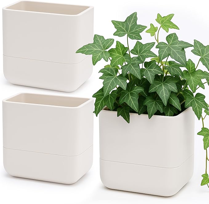 Phoenix Vine 6.5 Inch Wall Mounted Self-Watering Planter Pots for Indoor Houseplants and Herbs | Hanging Planter for Window Sills, Bathroom Walls, Home & Office Décor, Oatmeal, Set of 3, 01-C-G-3
