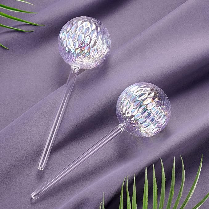 Tomorotec Glass Plant Self Watering Globes 2-Pack Pearl Luster Clear Iridescent Plant Watering Devices, Diamond Indent Pattern Self Watering Bulbs Planter Insert Decorative Vacation Watering Spikes